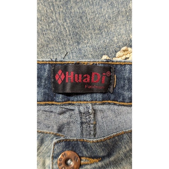 Huadi Flare Denim Jeans Acid Wash Lace Trim Floral Inset Bell Bottom Y2K 4 - Picture 4 of 5